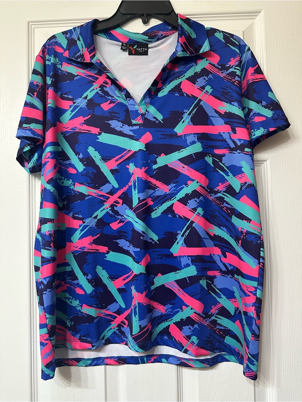 Women’s Short-Sleeve Polo Shirt - Blue with Pink & Teal Abstract Print XL